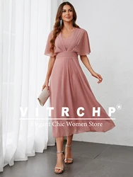 VITRCHP Evening Dresses Ruffles Sleeve Pleated V-Neck Midi 2025 Ever pretty of A-Line Dusty Pink Chiffon Wedding Guest Dress