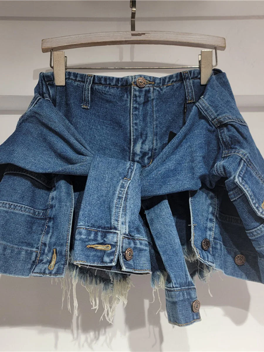 GALCAUR Fringe Spliced Irregular Loose Distress Pant for Women High Waist Patchwork Button Denim Casual Trousers Female Fashion