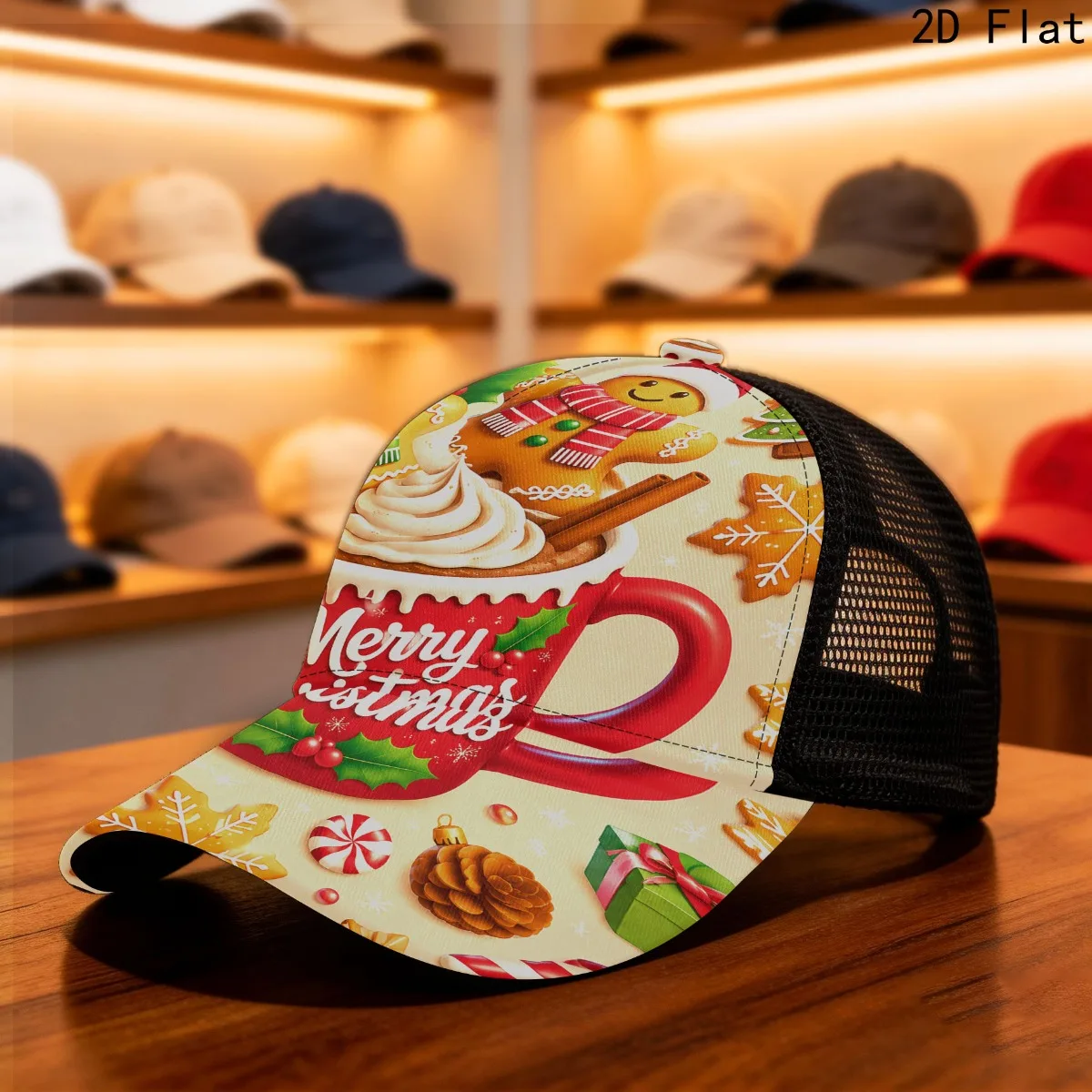 2D Flat Christmas Unisex Mesh Cap Joyful Gingerbread Delight Print, Hand Washable Durable Cloth Adjustable Fit