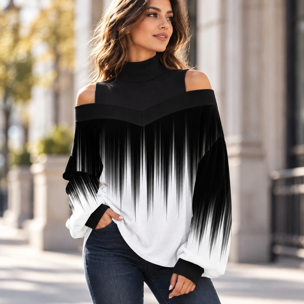 Printed Pullover Top Regular Fit Intellectual Style with Long Sleeve T Shirts Elegant 3D Effect Pattern Spring for Women