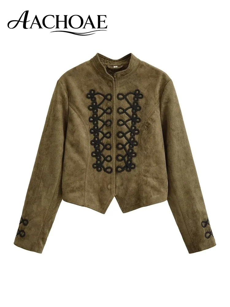 AACHOAE Women Faux Suede Military Jacket Vintage Cropped Zip Up Coat Braided Trim Stand Collar Long Sleeve Casual Outerwear