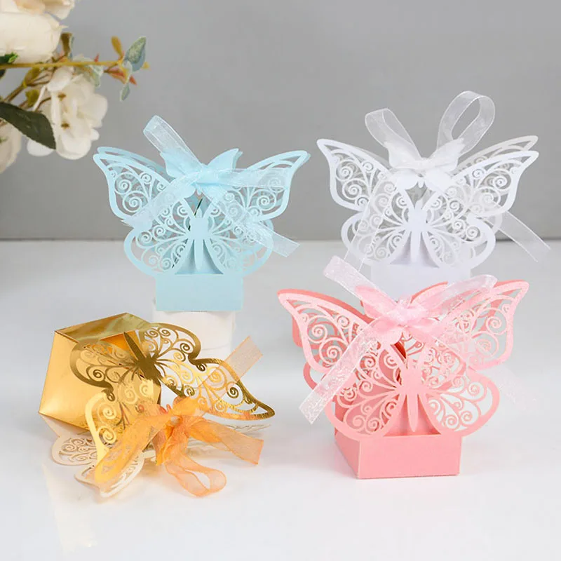 10 Stück hohle Schmetterlings-Süßigkeitsschachteln mit Bändern, Hochzeitsgeschenk für Gäste, Geburtstag, Party, Dekoration, Zubehör, Dusch-Geschenktüten