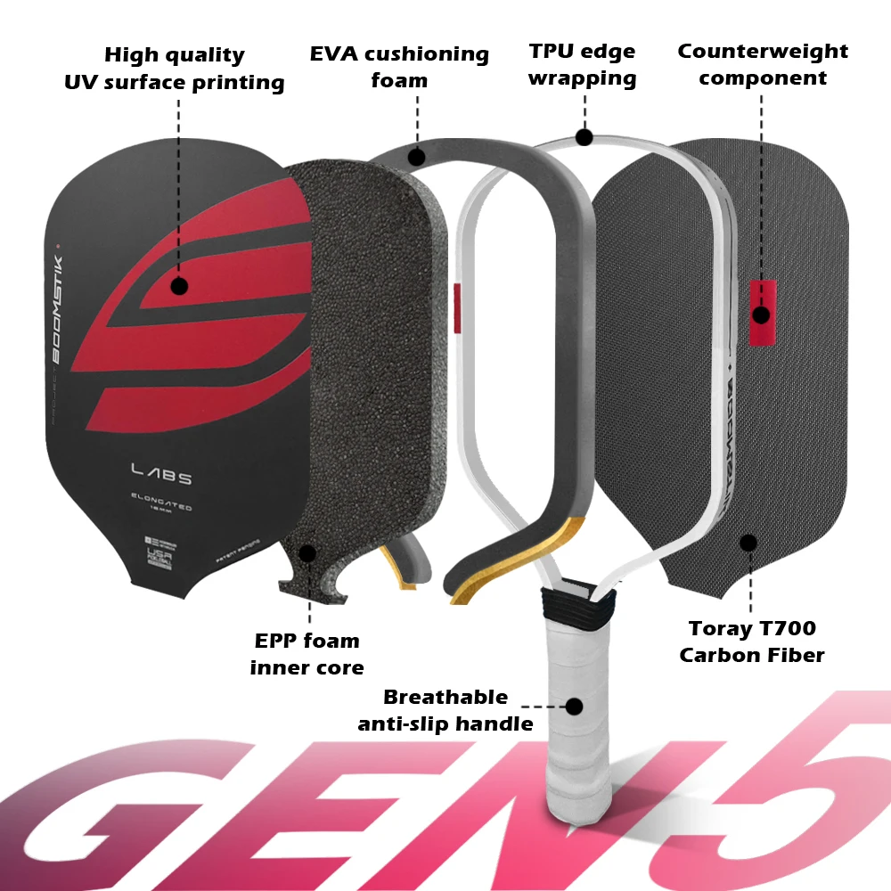 GEN5 BOOMSTIK Pickleball Paddle Allungato EVA Power Schiuma circostante Nucleo EPP puro Fibra di carbonio per prestazioni di gioco migliorate