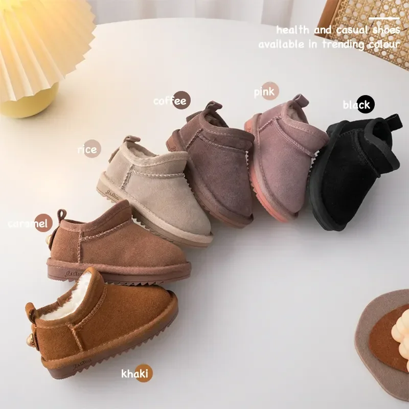 Sepatu bot salju kulit sapi asli untuk anak-anak, sepatu bot Princess Retro dengan satu bulu Suede, sepatu bot katun hangat lembut musim dingin untuk anak laki-laki dan perempuan