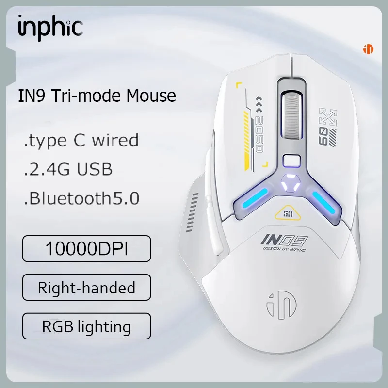 

INPHIC IN9 Three-mode Wireless Gaming Mouse Rechargeable RGB lighting 10000DPI 6-button Programmable optical mouse For PC Ipad