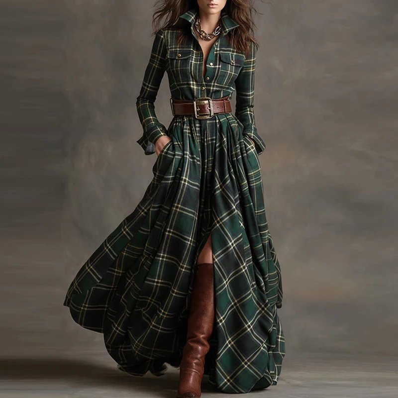 French Retro Plaid Print Slit Long Dresses Woman Elegant Turn-down Collar Button Maxi Dress Autumn Long Sleeve Pocket Boho Dress