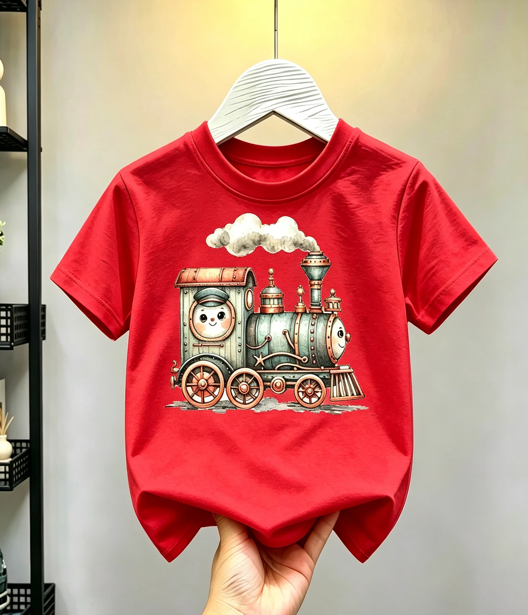 Boys Cute Vintage Steam Train Birthday T-shirt Kids Cartoon Watercolor Locomotive Short Sleeve Tee Children Party Tops