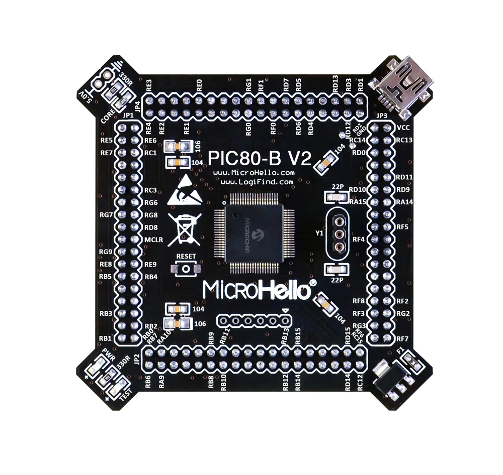 The PIC80-B V2 core board with PIC24FJ256GB108 chip is suitable for OpenPIC Pro development board