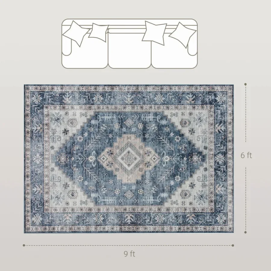 6'X9' Vintage Area Rug, Machine Washable Non-Slip Indoor Rug for Living Room, Bedroom, Dining Room, Blue