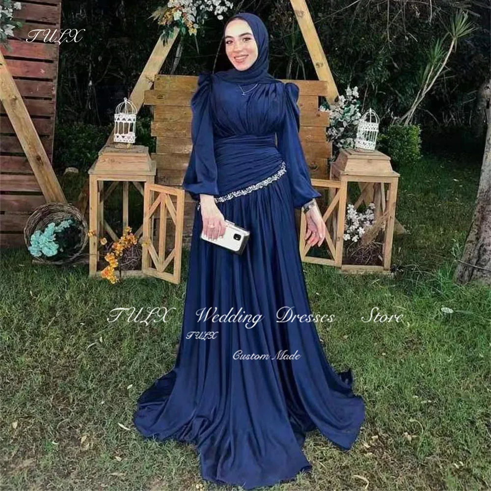 TULX Long Sleeve Hijab Evening Dresses Islamic Prom Formal Party Gown Women Soft Satin Sparkly Muslim Arabic Robe De Soiree