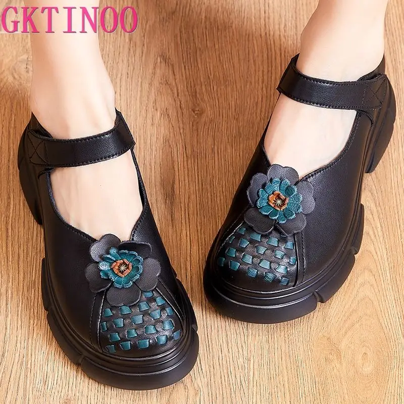 GKTINOO Genuine Leather Pumps Women Shoes Retro Hook & Loop 2024 New Spring Floral Round Toe Handmade Leisure Platform Shoes