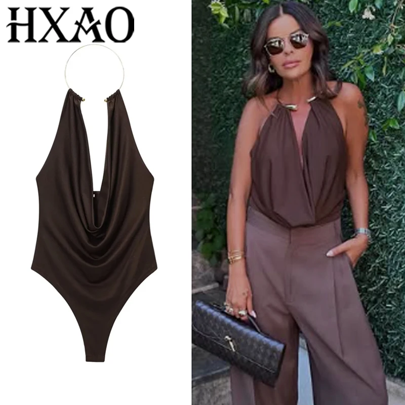 HXAO Halter Neck Bodysuits Sexy Summer Off Shoulder Bodysuit Women Brown Top Ruched Ring Backless Thong Bodysuit Woman One Piece