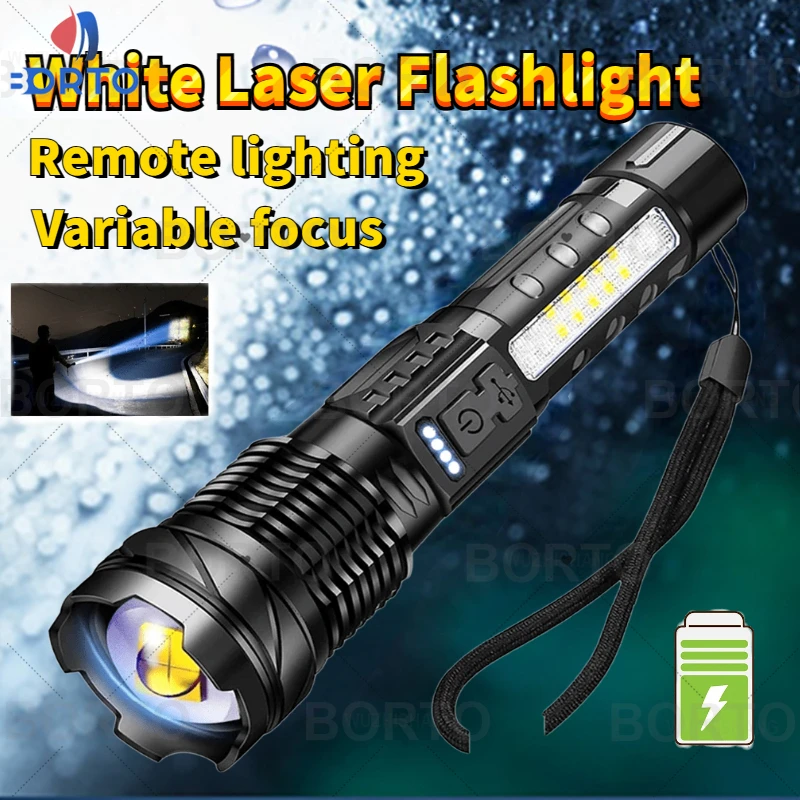 

White Laser Flashlight Outdoors Waterproof Torch with Side Light 7 Modes Camping Fishing Lantern USB Rechargeable Zoom Lamp