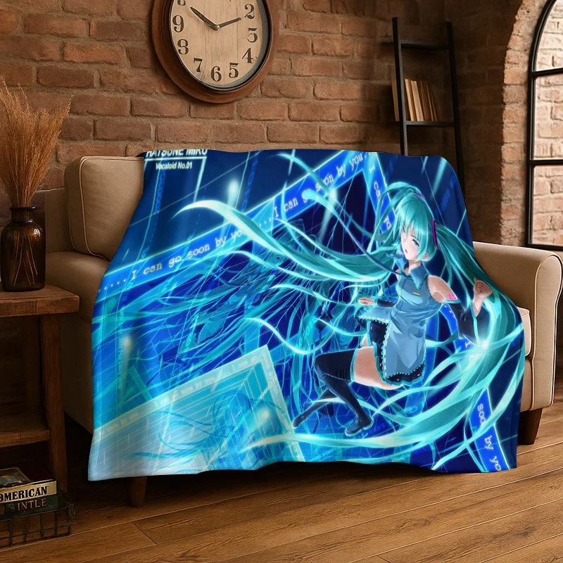 Music Girl M-MIKU Cartoon Flannel Blanket Soft Warm Throw Blanket for Bedroom Living Room Bed Travel Camping Picnic Gift