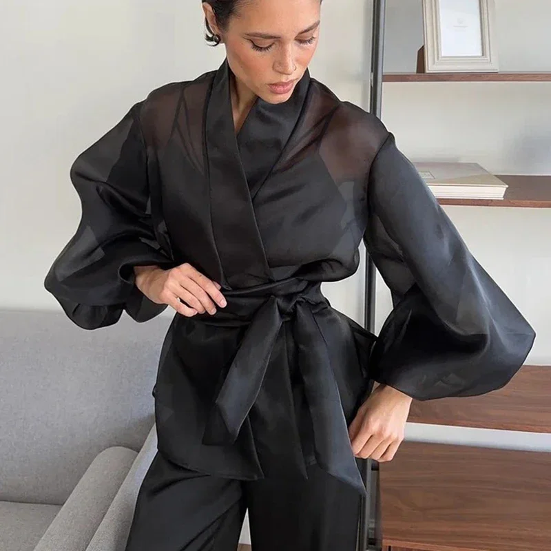 

Black Mesh See Through Women's Shirt Fashion Puff Long Sleeve V neck Lace Up Blouses 2026 Spring Office Lady Top Casual