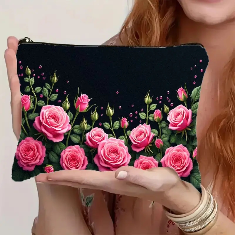 Lightweight And Portable Cosmetic Bag Featuring a Vibrant Pink Rose Floral Design, Equipped with a Smooth Zipper Closure
