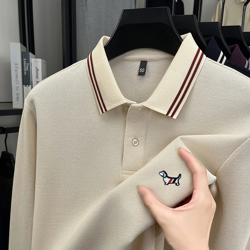 Luxus Qualität männer 100 Baumwolle Polo-Shirt Revers Langarm T-Shirt Herbst Neue Hund Druck Atmungsaktive Mode Business Menswear