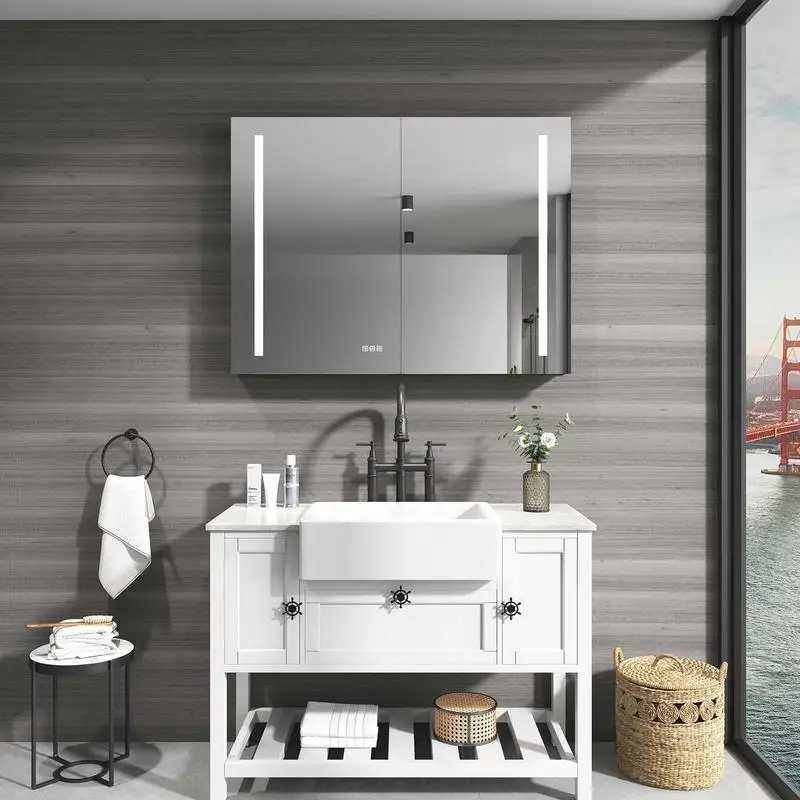 

Large Rectangular LED Surface Mount Medicine Cabinet with Mirror, Aluminum Alloy, 40" W x 30" H