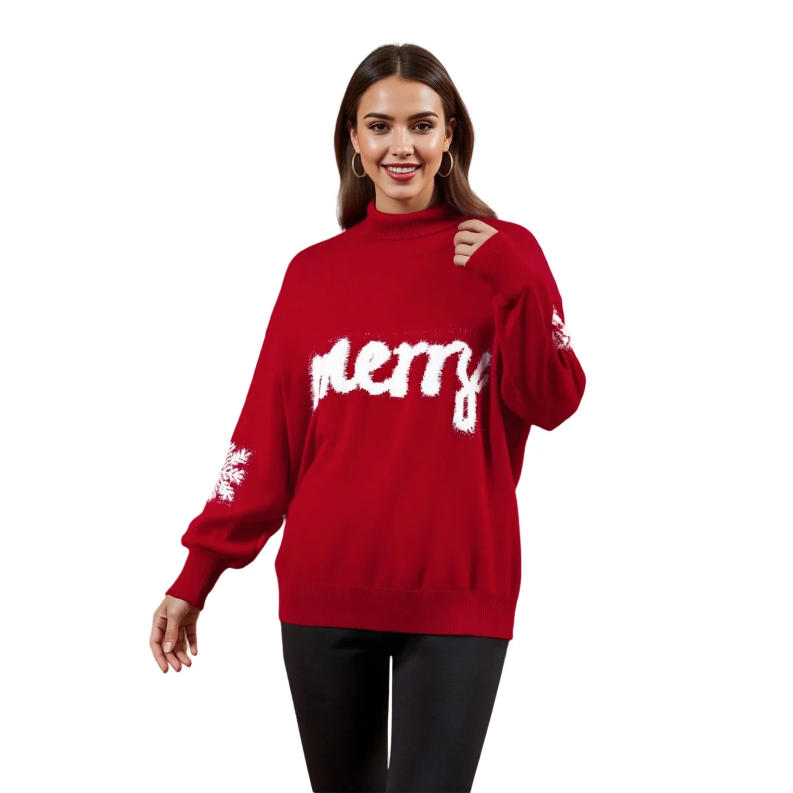 

Women s Autumn Loose Sweater Letter Embroidery Long Sleeve Turtle Neck Knitwear Pullover for Christmas