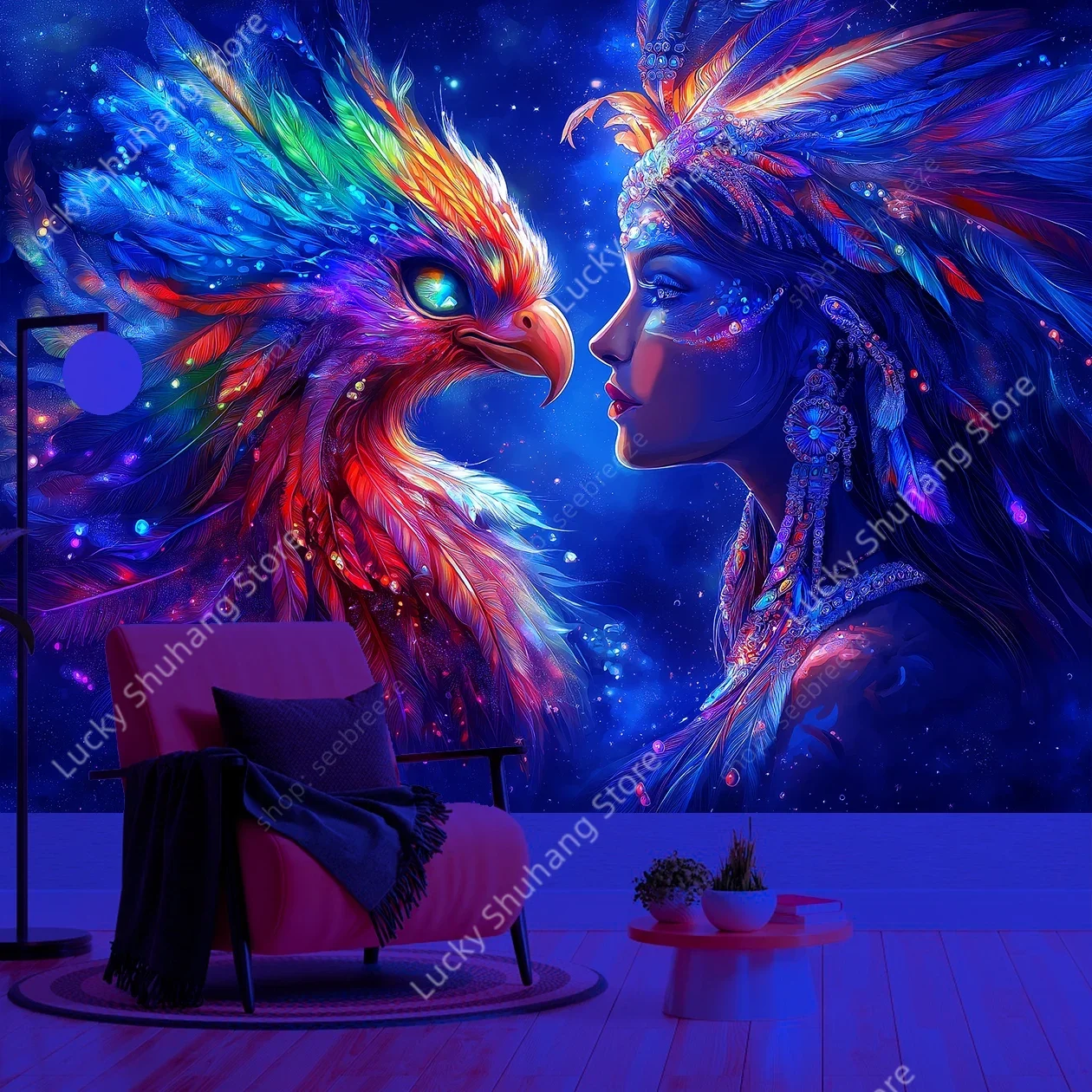 Tapisserie murale réactive UV, oiseau sacré, décoration de maison bohème vibrante, œuvre d'art naturelle pour salon et chambre à coucher