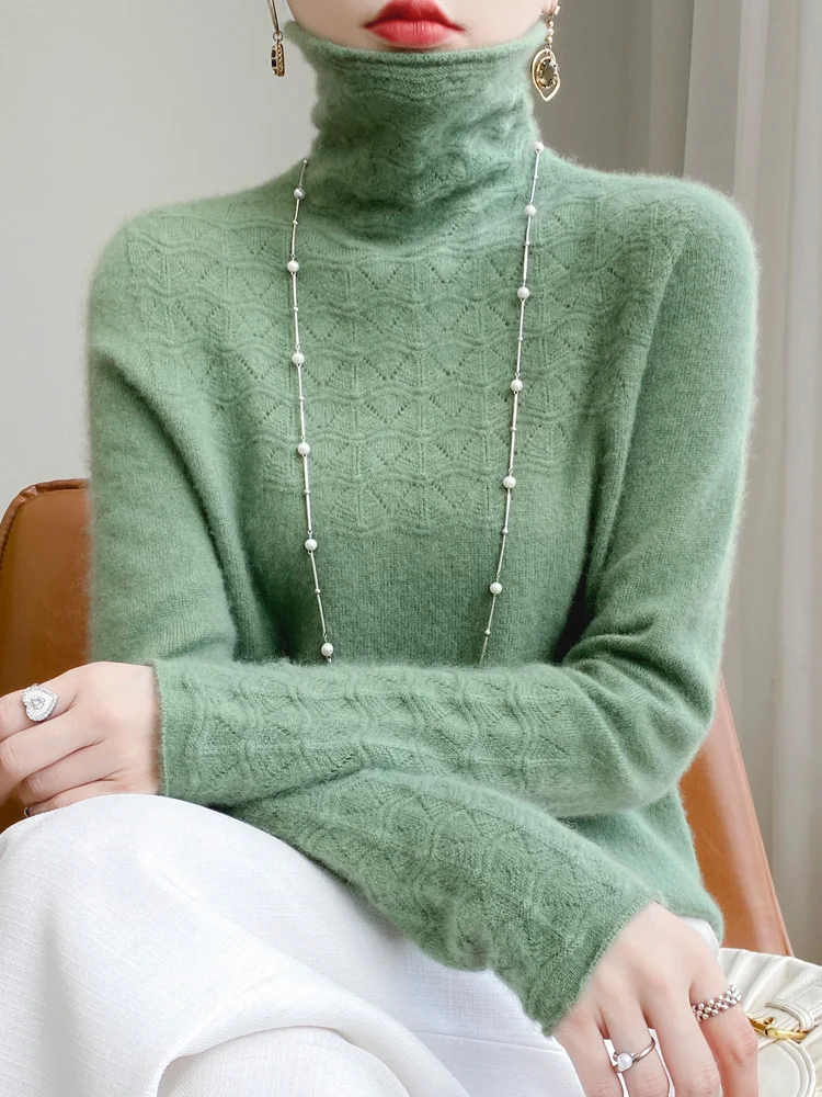 

100% Чистая шерсть, вязаный свитер с ажурным узором, женский, свободный крой, с длинными рукавами, круглый вырез, осень-зима