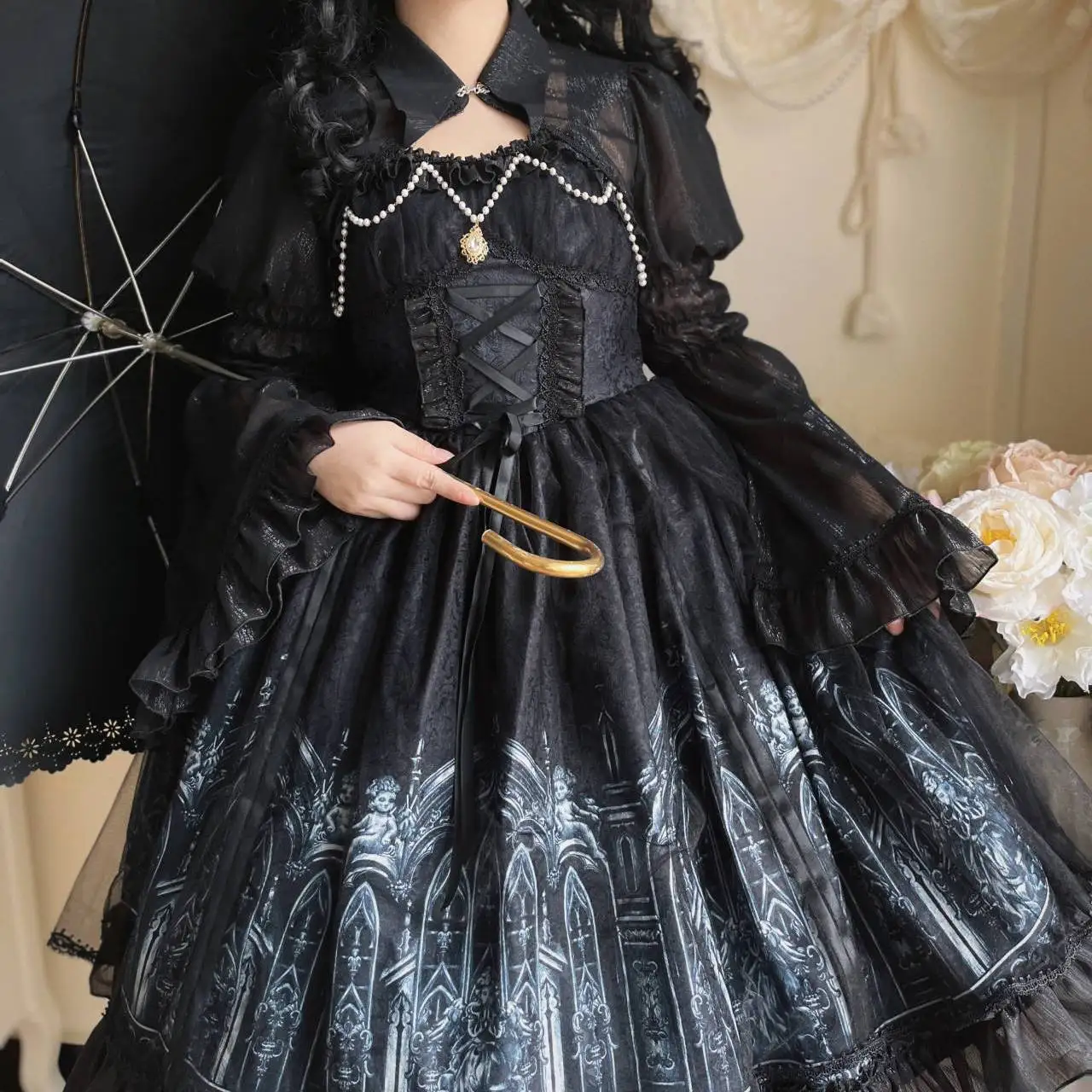 Japanese Gothic Lolita Dress Jsk Women Victorian Printed Long Sleeve Mesh Dress with Shawl Harajuku Y2K Punk Tea Party Dresses