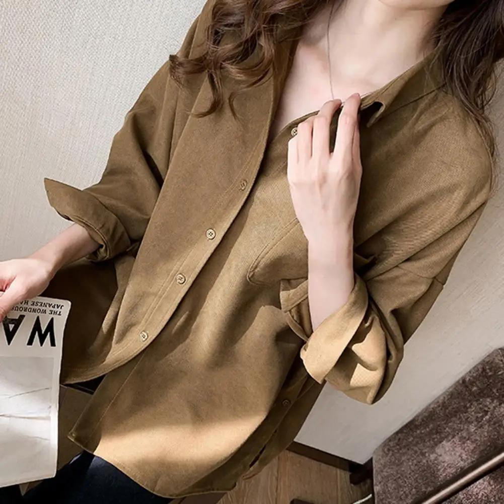 Solid Color Blouse Stylish Women's Single-breasted Long Sleeve Cardigan with Patch Pocket Soft Casual Blouse for Ol Commute