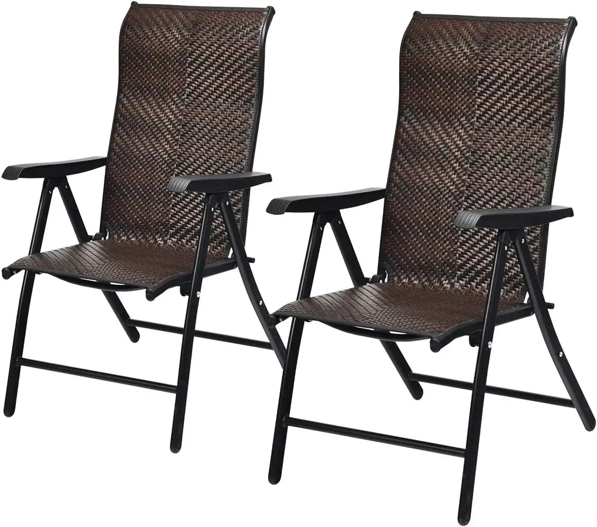 Patio Rattan Folding Chair, Outdoor Wicker Portable Camping Chair with Widened Armrest, Foldable Chair with High Backrest