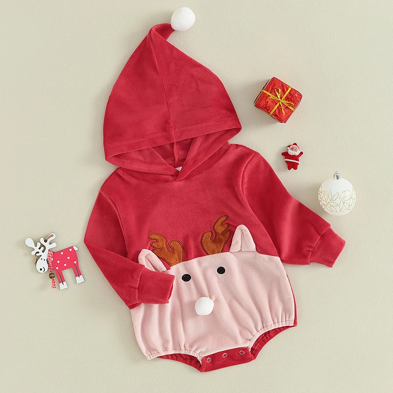 

Christmas Baby Romper with Velvet Deer Pattern and Hood Long Sleeve Festival Jumpsuit for Infants