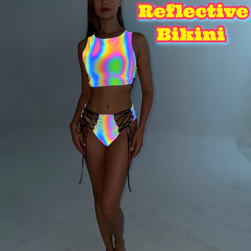 Bikini reflectante iridiscente, traje de baño Sexy que brilla en la oscuridad, ropa de playa Rave, Bikini con borlas, traje de baño Sexy, ropa de playa que brilla en la oscuridad para fiesta