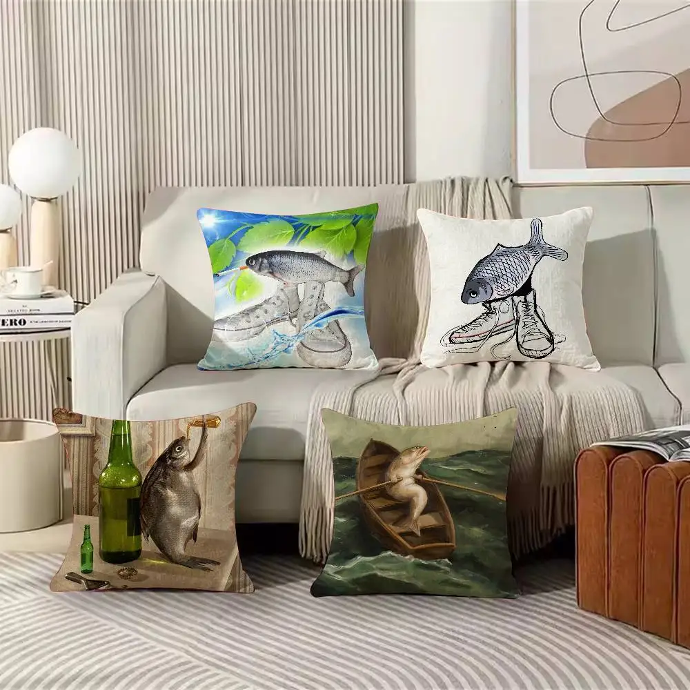 Funny MEME Surreal Sea Creature Pillow Cover Whimsical Ocean Fish Shrimp Art Print Cushion Case Pillowcase Sofa Couch Home Decor