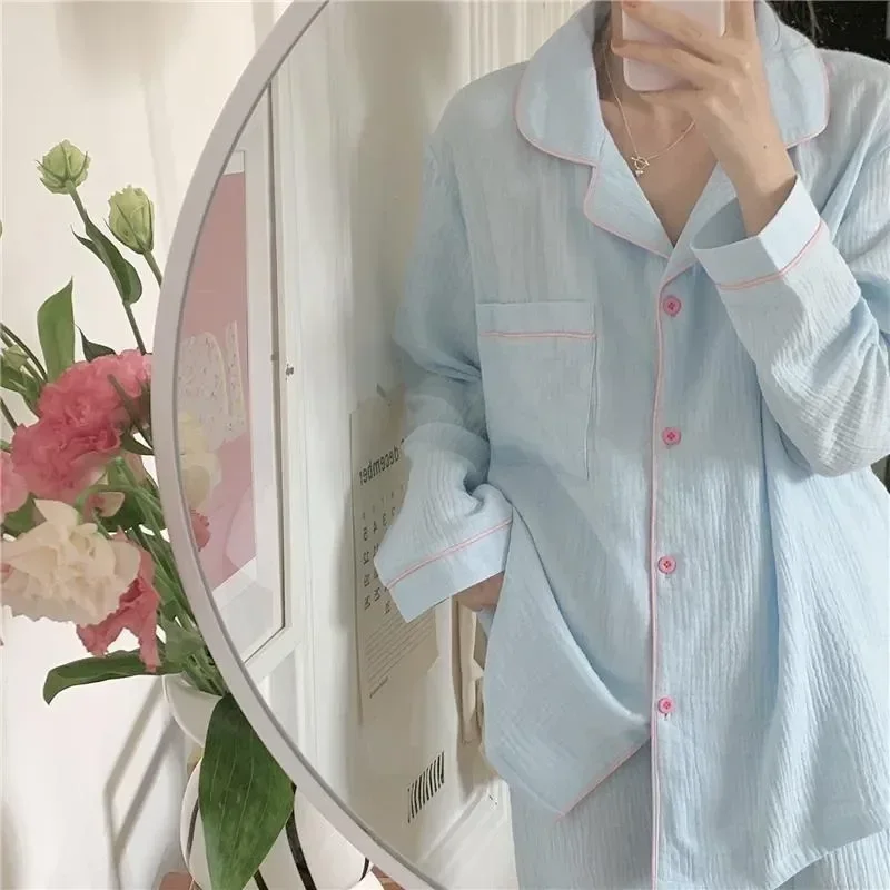 Pijama Garn Nachtwäsche Frühling Nachtwäsche 2 Frauen Set Stücke Home Anzug Baumwolle koreanische feste Frau Pyjamas weibliche Pyjamas Farbe