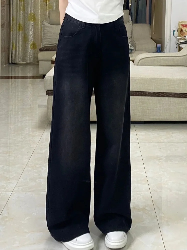 กางเกงยีนส์ทรงตรงขาบานไซส์ใหญ่สำหรับผู้หญิง  ฤดูใบไม้ร่วง ฤดูหนาว ทรงหลวม เอวสูง ช่วยให้ดูผอม  ขายาวถึงพื้น