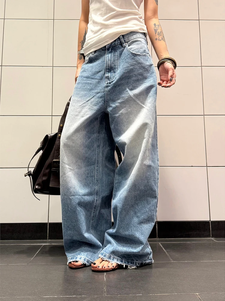 

Retro Washed Straight Leg Blue Jeans Men Women Loose Wide Leg Casual Long Trousers American High Street Style Youth Jeans