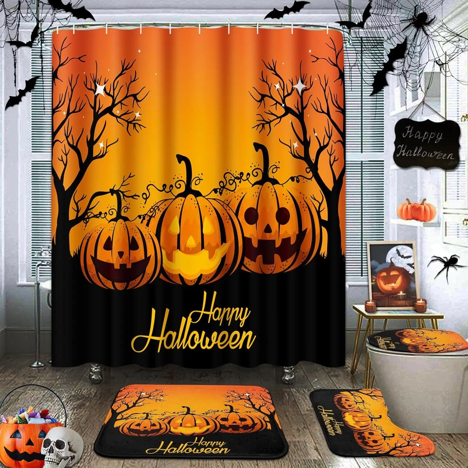 

Набор для ванны на Хэллоуин, 4 шт., полиэстеровая занавеска для душа с дизайном тыквы, водонепроницаемыми ковриками и чехлом для унитаза