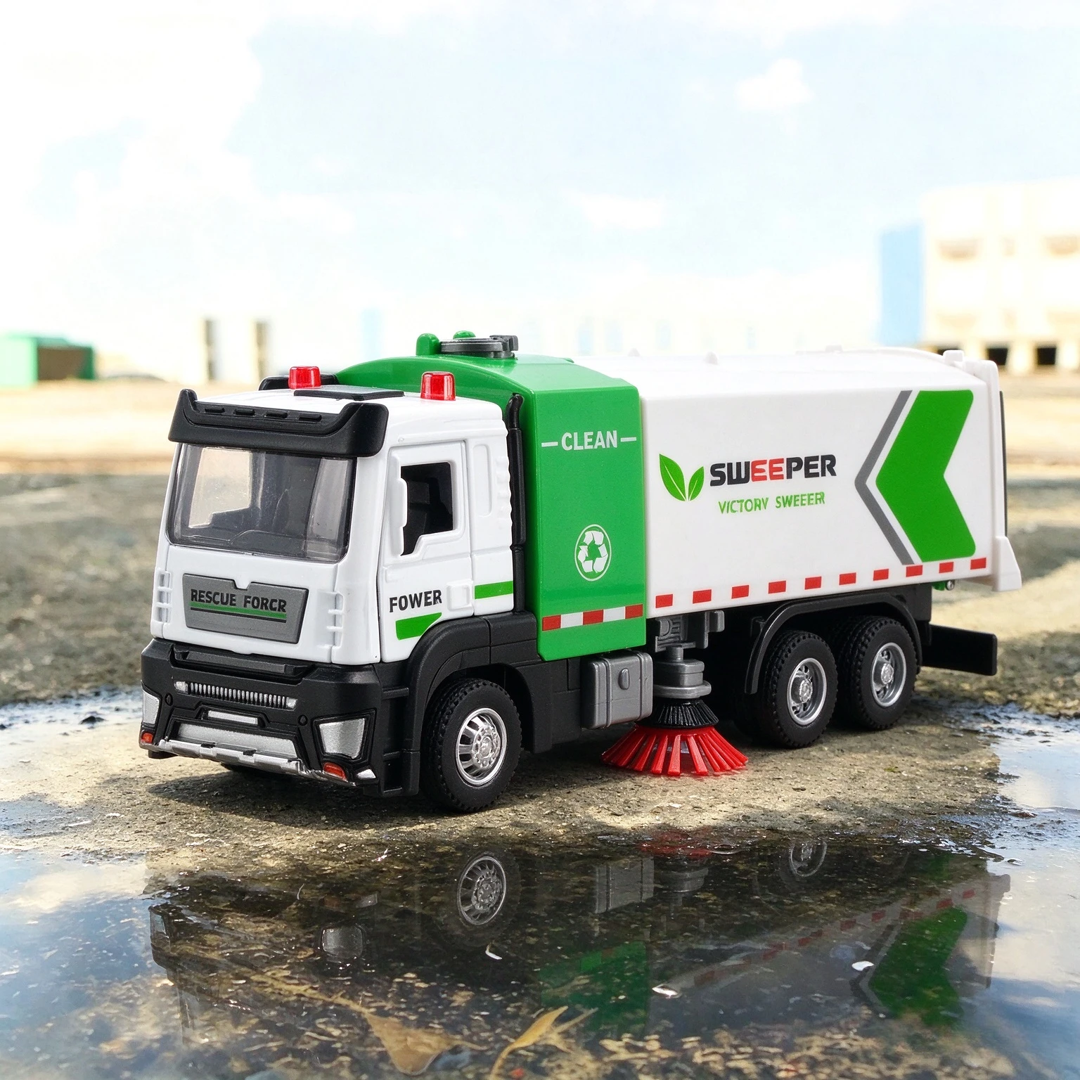 Alloy Road Sweeper Truck Diecast Model Sanitation Cleaning Vehicle Sound Light Pull Back Function Engineering Car Collection