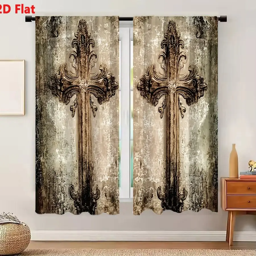 2Pcs Curtains Add 2D Flat Ornate Metallic Crosses With Scrollwork And Floral Motifs On Distressed Vintage Background Window Drap