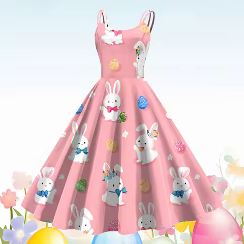 Women Sleeveless Dress Cute Bunny 3d Print Backless Suspender Long Dress For Easter Evening Party Summer A-Line Dress For Women