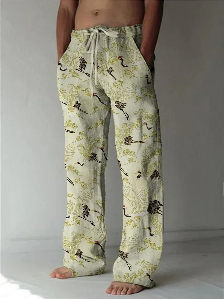 Pantalones rectos con estampado de gato para hombre, Pantalón cómodo de lino de bambú, informal, talla grande, ocio diario, novedad de 2024