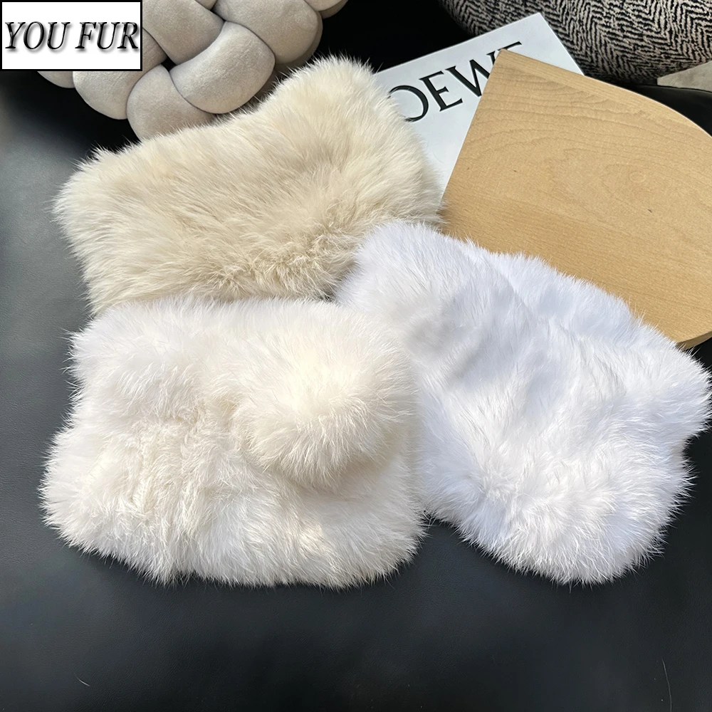 

Women's Hand-Knitted Soft Real Rabbit Fur Headband Knitted Fur Scarf Warm Empty Top Plush Hat Autumn and Winter Fur Accessories