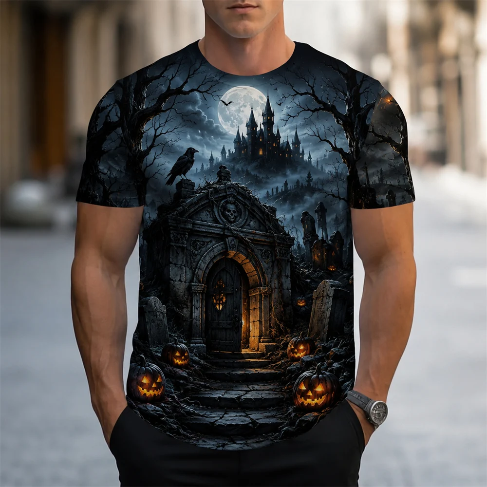 Halloween Horror Black Castle Print Short Sleeve T Shirts For Men Trend Streetwear Personality Holiday Essentials Pumpkin Tshirt