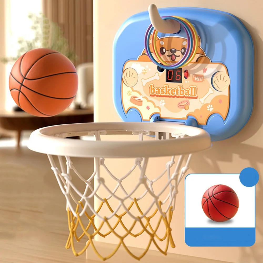 Foldable Baby Basketball Set Scorable Scoreboard Cartoon Animal Toddler Basketball Hoop Inflatable Ball No-Drill Installation