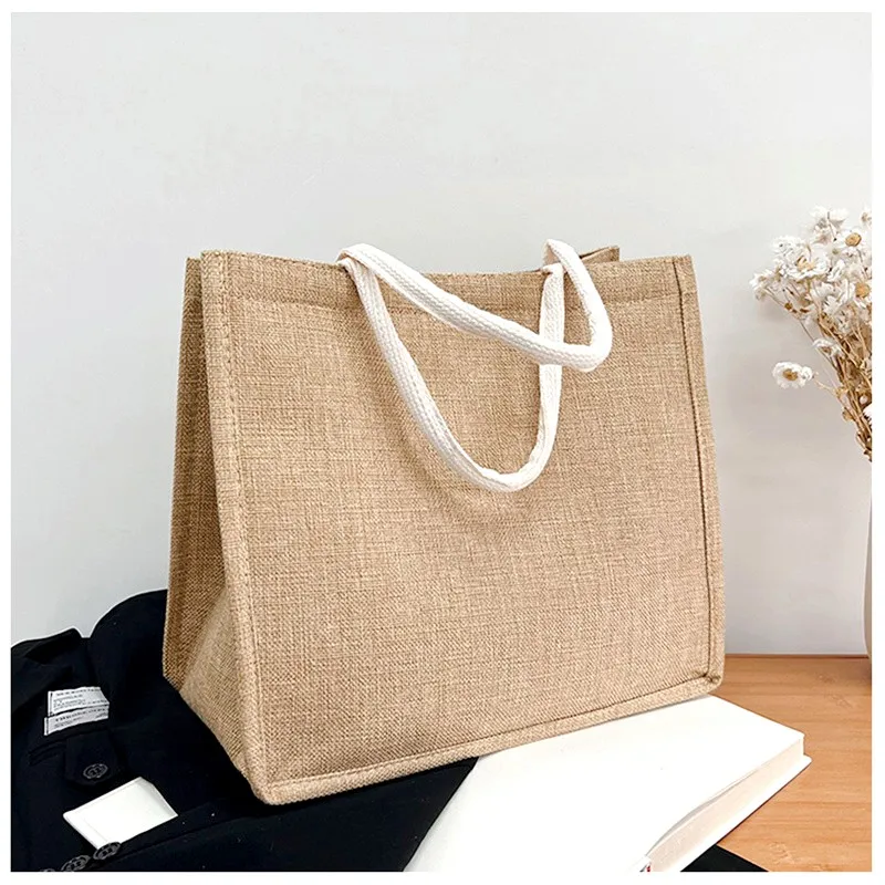 Vintage Eco-Bags With Top Handle Linen Handbags Large Capacity Tote Bag Portable Commuter Package Versatile Women Shopping Bag