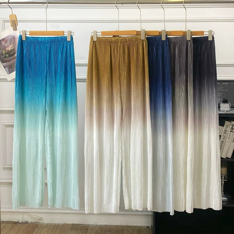 2026 New Spring Autumn Women Gradient Wide Leg Pants Elastic High Waist Long Casual Pants Female Ankle-Length Pleated Trousers