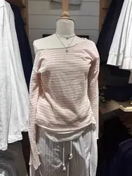 Striped Pink Raw Hem T-shirts For Women New Slash Neck Long Sleeve Tee Shirt Sweet Casual Fashion Tops Y2k Tshirts 2025 Spring