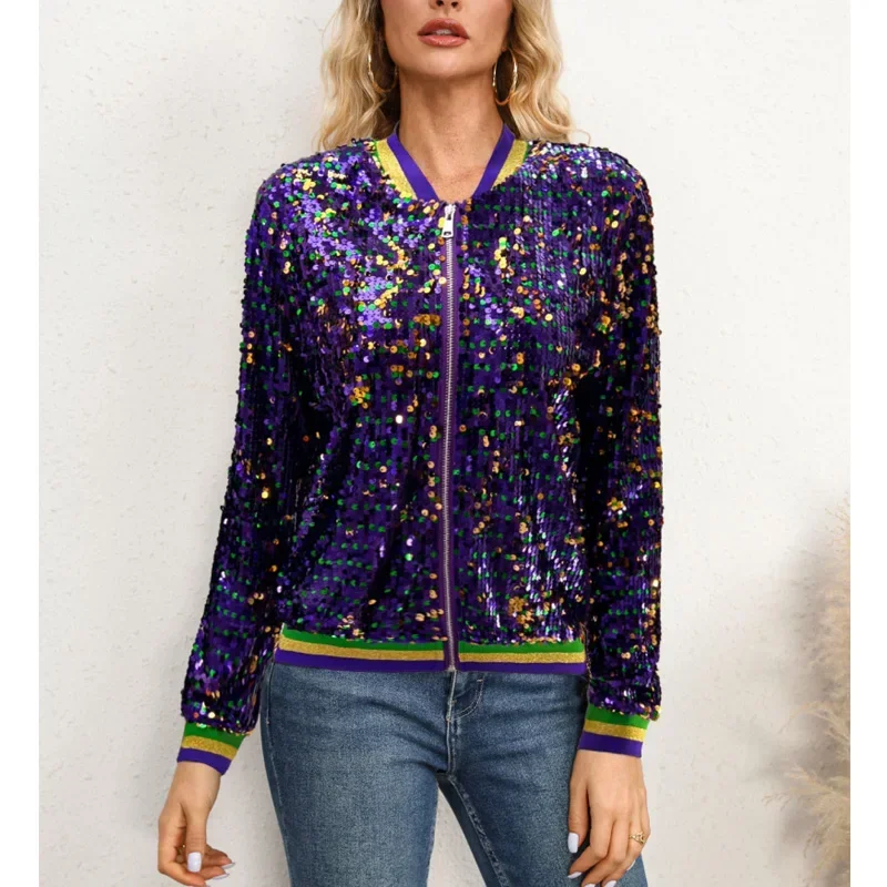 Women Sequin Jacket 2023 New Elegant Casual Loose Coat Shiny Baseball Jacket Outwear Tops