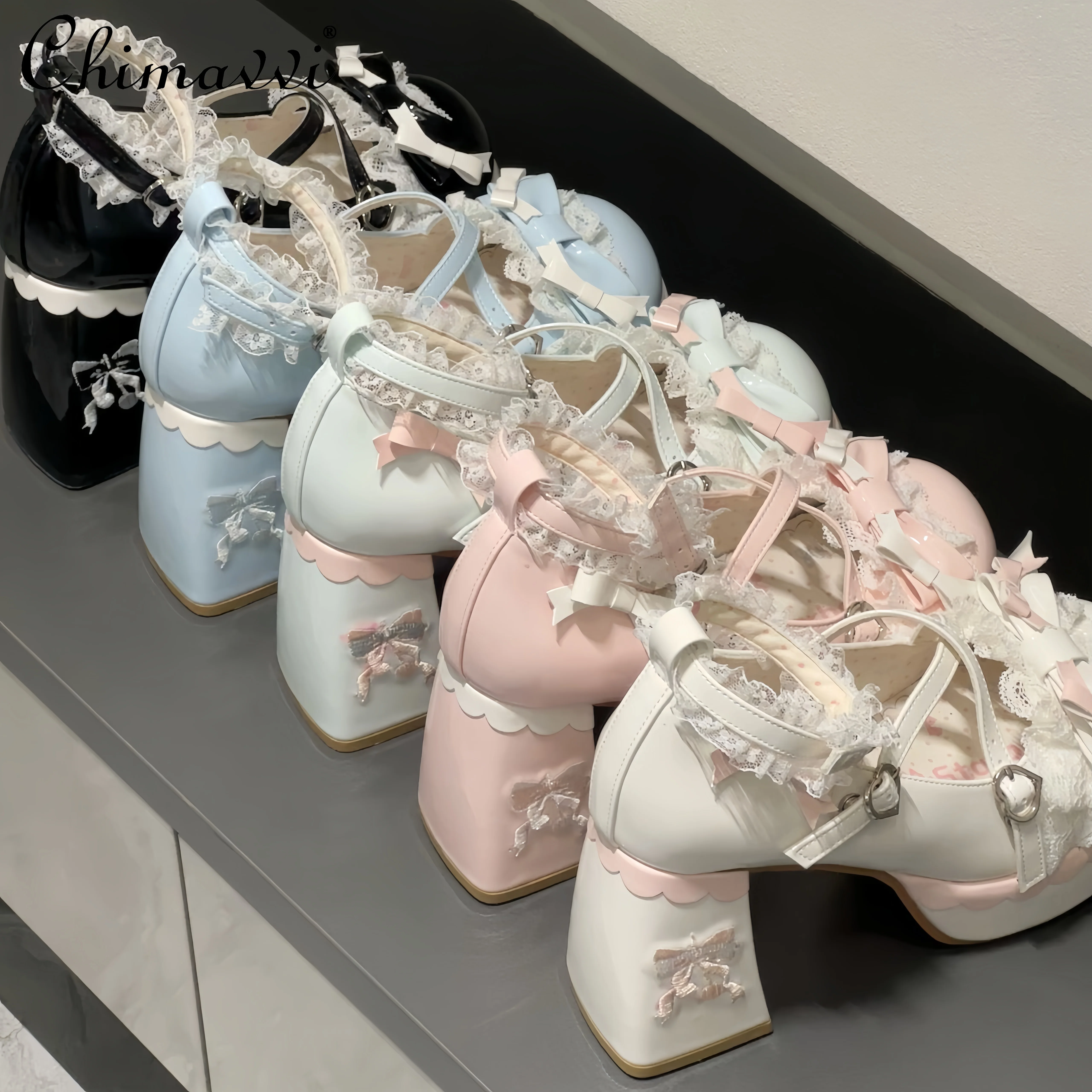 

Оригинальные милые женские туфли Лолиты в стиле Лолиты с милым бантом и круглым носком, непромокаемые женские туфли на высоком каблуке на платформе, Kawaii Princess Temperament