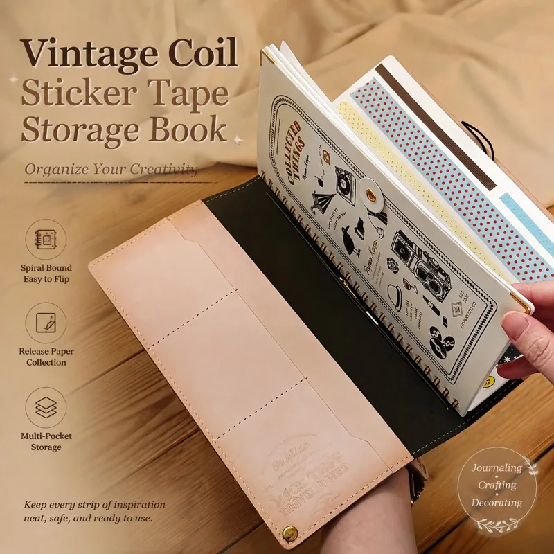 Vintage album na taśmy samoprzylepne, wielokrotnego użytku, notatnik z samoprzylepnymi stronami na taśmy washi i naklejki, artykuły papiernicze — zdjęcie produktu 4
