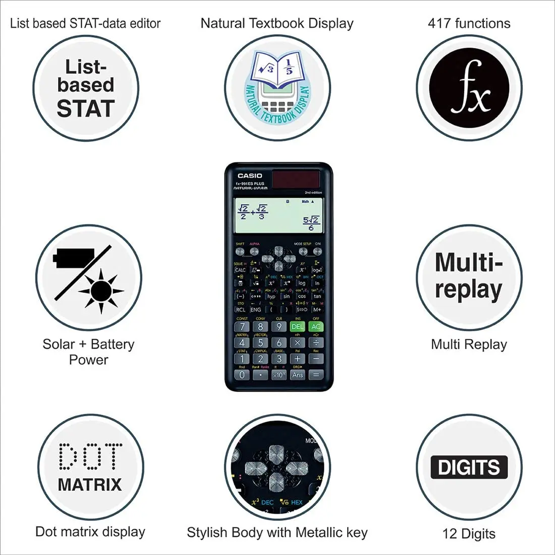 Original CASIO FX-991ES-2 Plus Scientific Calculator 417 Functions Engineering Students High School Lab Office Solar And Battery