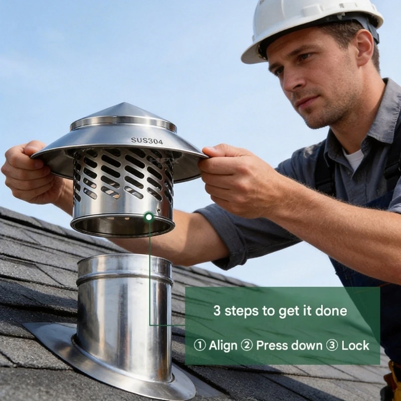 

High Grade SUS304 Steel Roof Cover For Chimney And Exhaust Pipe With 45 Degree Adjustable Opening M4YD